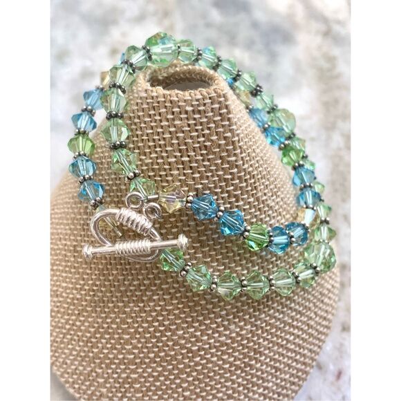 Double Stranded Peridot and Aquamarine Austria Crystals with Toggle Clasp - Picture 2 of 5